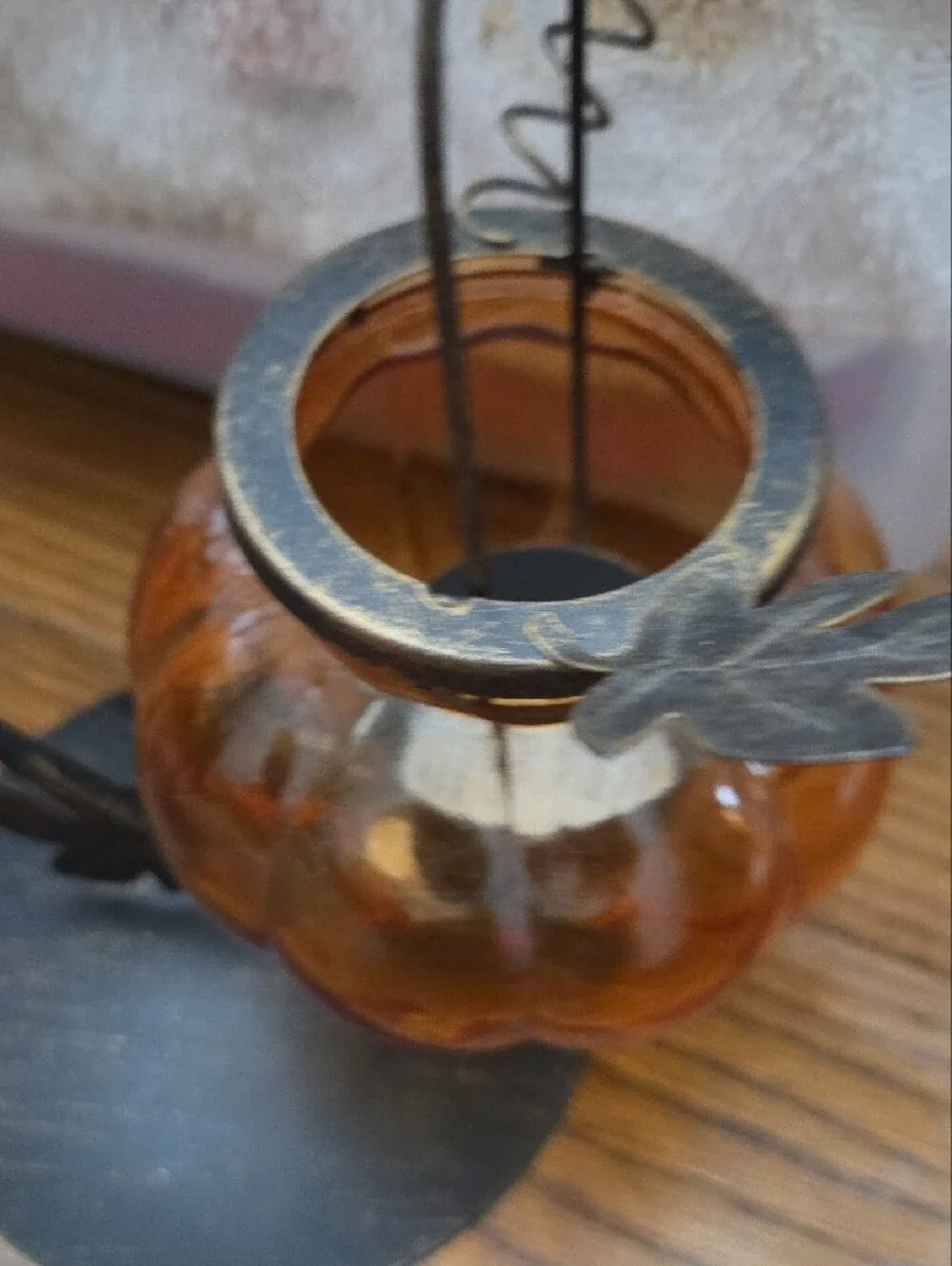 Pier 1 Amber Glass Pumpkin Tea Light Holders with Black Leaf Stands, Pair